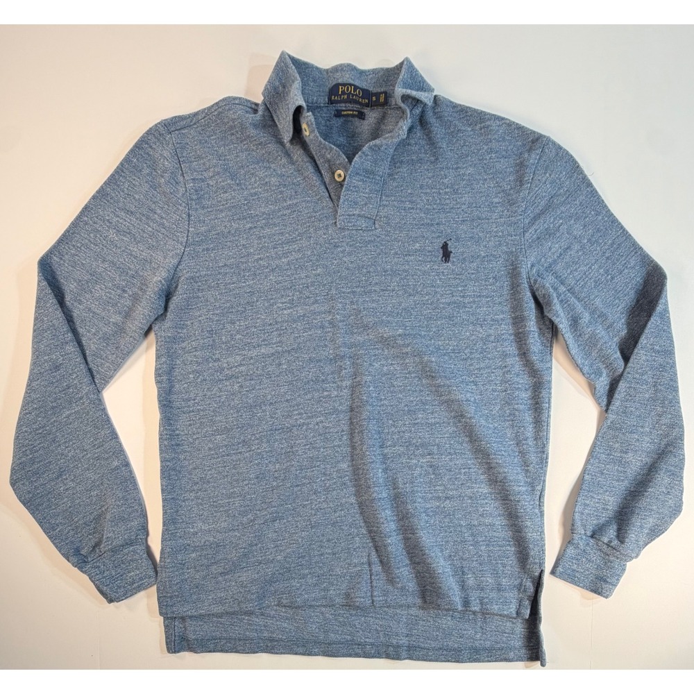 Polo Ralph Lauren Mens Long Sleeve Polo Shirt Blue Heather Custom Fit Small S